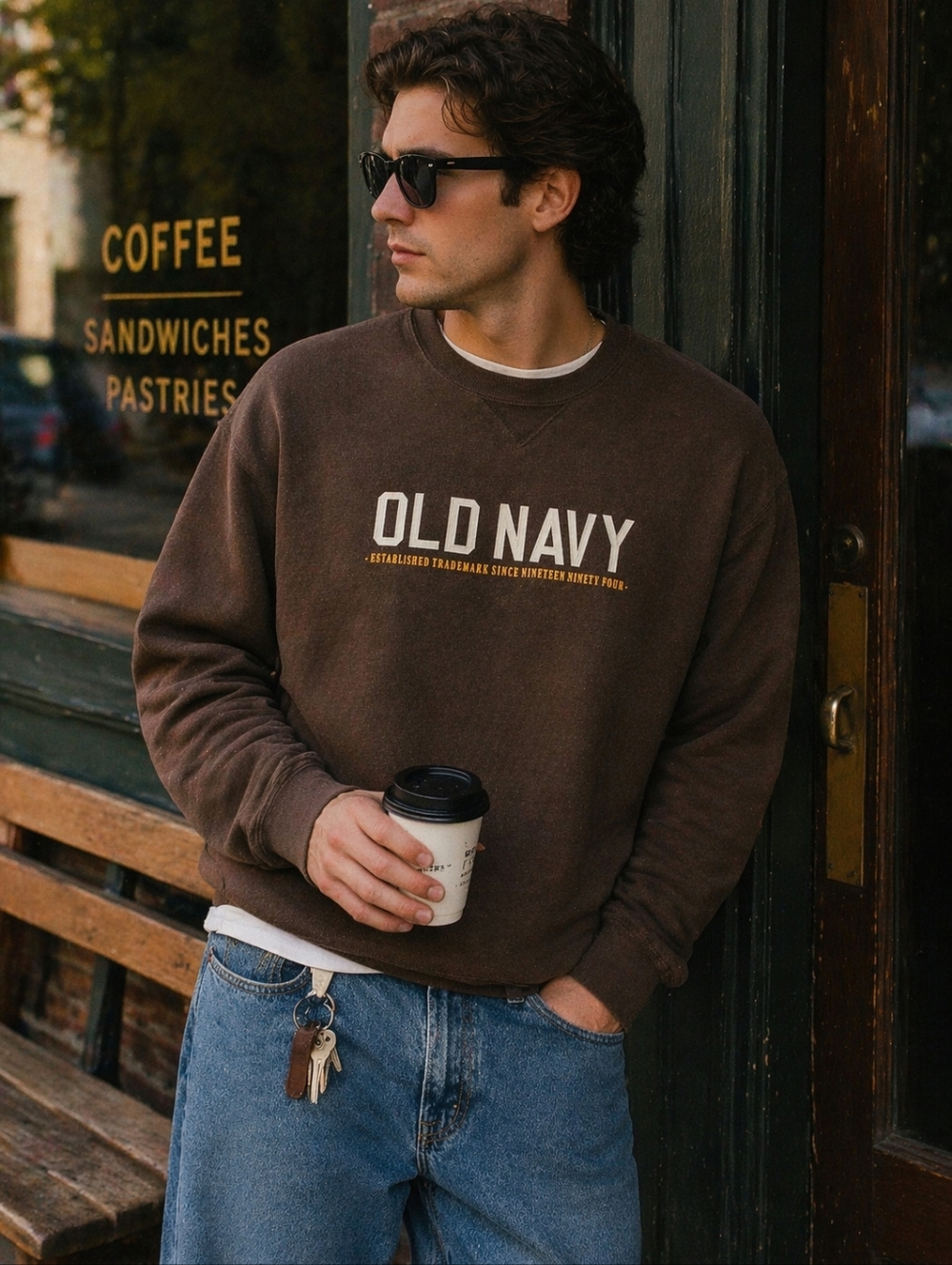 OLD NAVY Sweatshirt Mens XXL Brown Tan Vintage 2003 Y2K Thick Casual Comfy